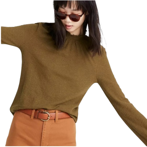 Madewell Tops - Madewell Texture & Thread Olive Green Ruffled Mock Neck Long Sleeve Top Size M